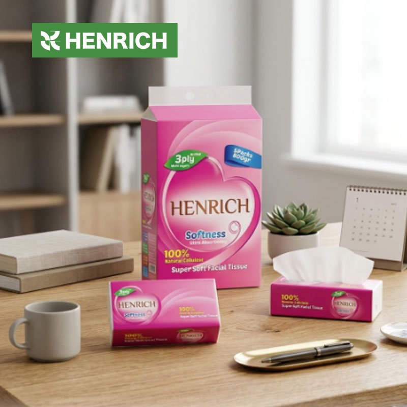 Facial tissue boxes produced by Henrich for OEM and private-label programs