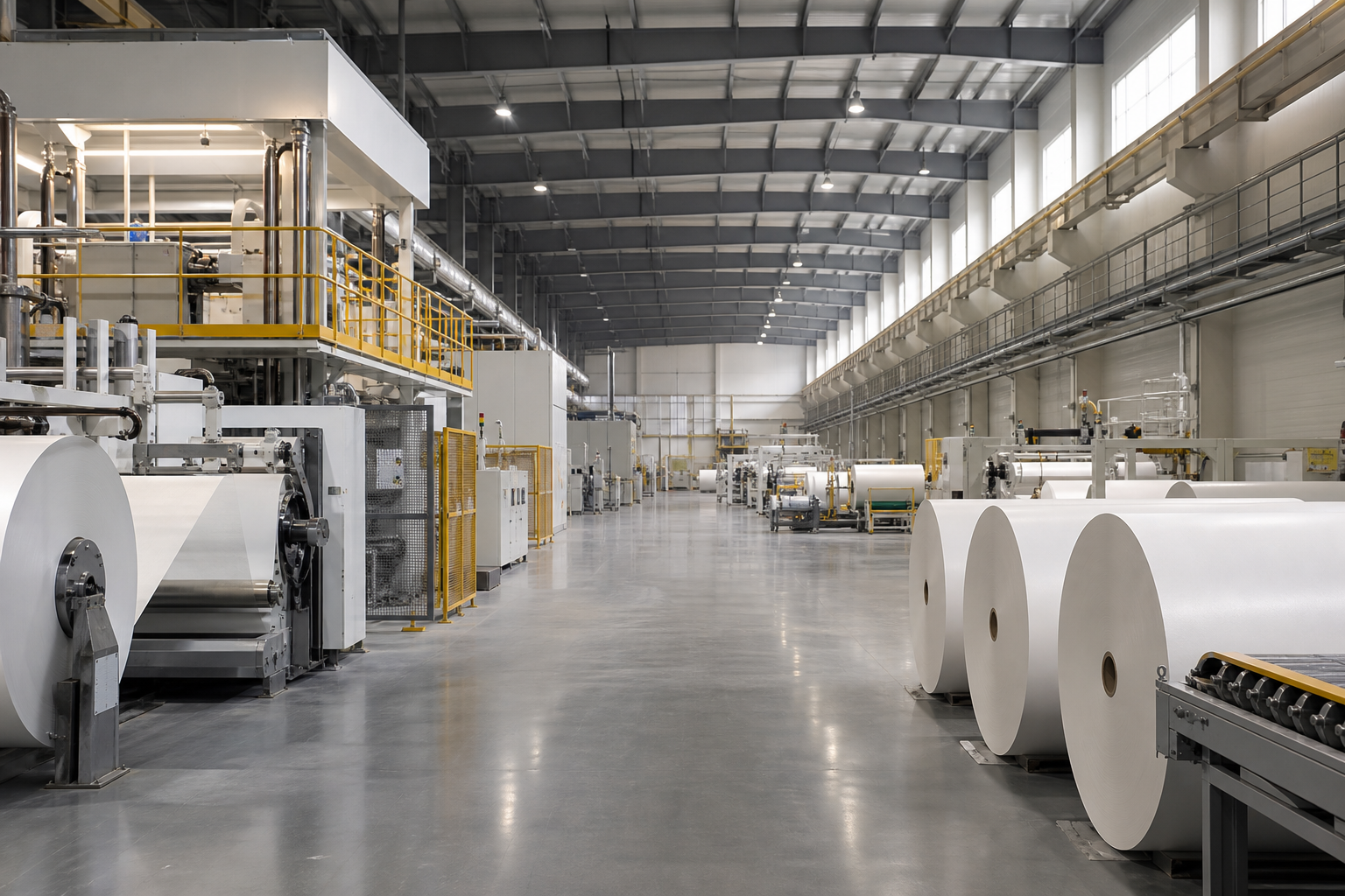 Household paper production hall with large white tissue rolls